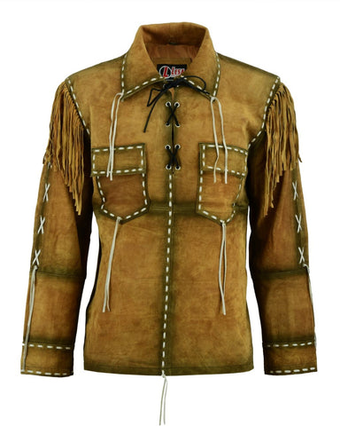 Mens Western Cowboy Brown Suede Leather Jacket With Fringe