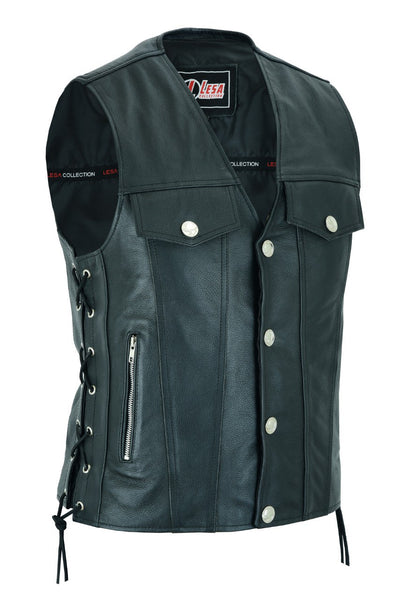 Mens Real Leather Biker Style Waistcoat Motorcycle Side Laces Black Vest - Lesa Collection
