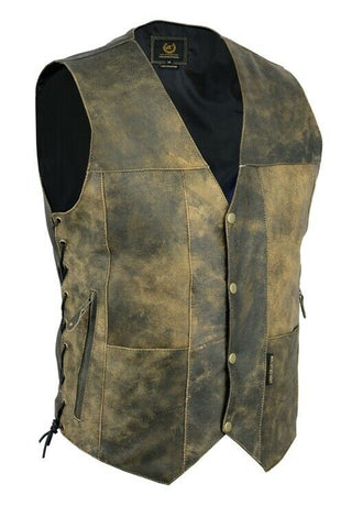 Vintage Motorcycle Vest 10 pocket Distressed Real Leather Waistcoat Mens - Lesa Collection