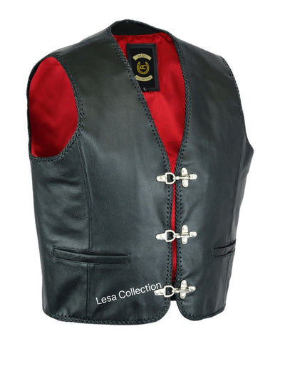 Mens Leather Waistcoat Biker Vest Braided With Fish Hook Buckles - Lesa Collection