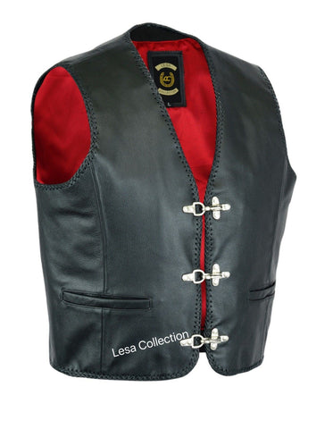 Mens Leather Waistcoat Biker Vest Braided With Fish Hook Buckles - Lesa Collection