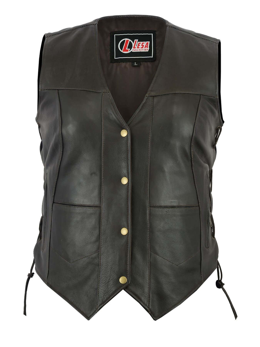 Women's Brown And Black Side Lace Leather 10 Pocket Vest – Lesa
