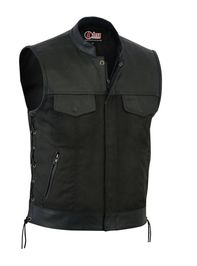 New Mens Codura Biker Waistcoat/Vest Black Real Leather Trim Side Laced Up - Lesa Collection
