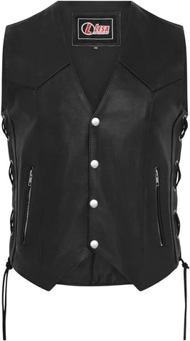 Leather Waistcoat Biker Vest Motorcycle Vest With Zip Pocket Lace up