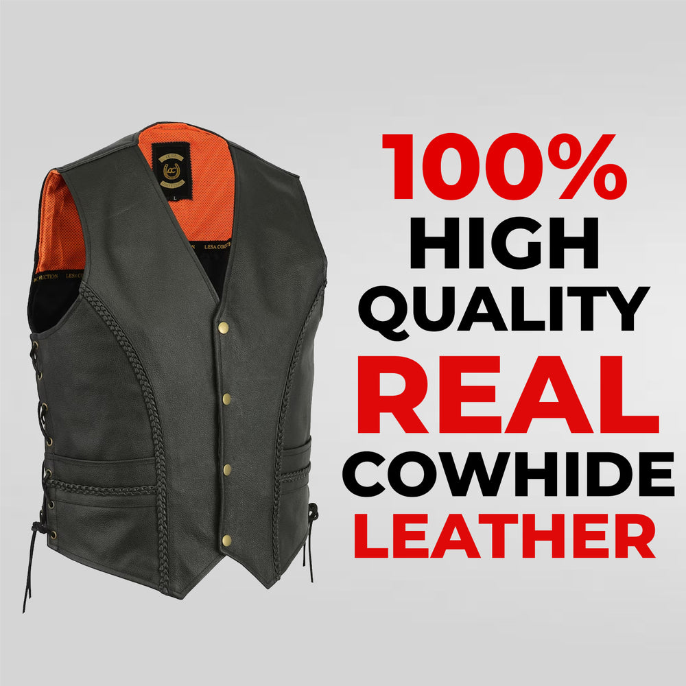 Women's 100% Real Leather Laced Up Motorcycle Biker Waistcoat – Black
