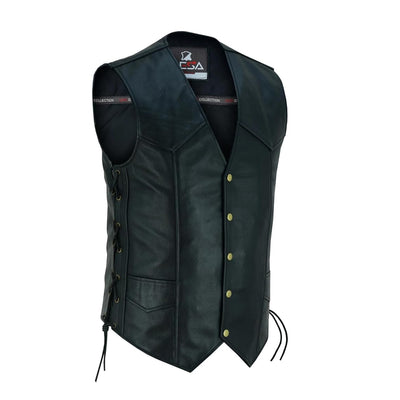Leather Motorcycle Biker Style Waistcoat Vest With Laced Up Sides Black