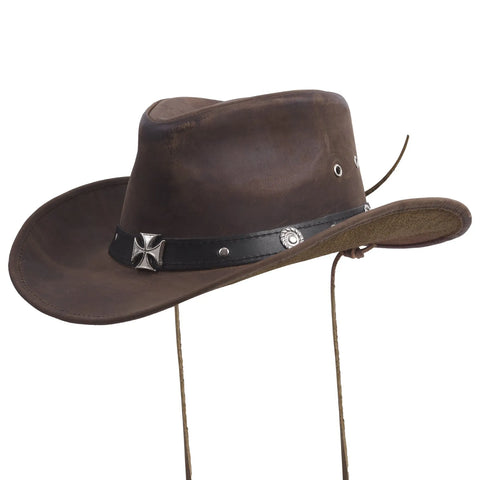 Australian Leather Western Bush Cowboy Hat Cross Embellishment Brown