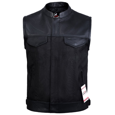 Mens Codura Biker Waistcoat/Vest Black Real Leather Trim