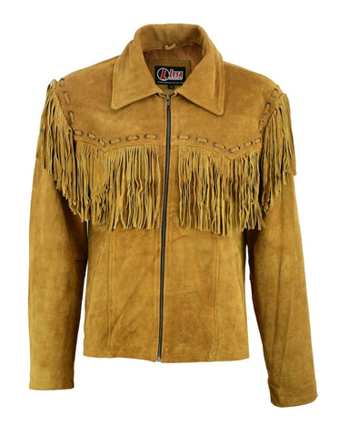 Mens New Native American Western Brown Suede Leather Jacket Fringe Tassels - Lesa Collection