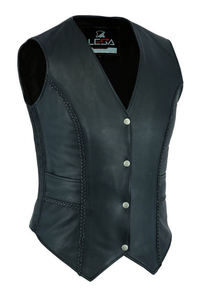 New Womens ladies Genuine Real Leather Braided Black Waistcoat Gillette Vest - Lesa Collection