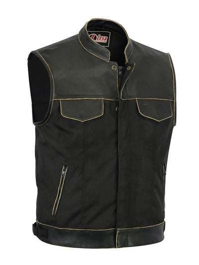 Mens Codura Biker Waistcoat Vest Brown Vintage Real Leather Trim - Lesa Collection