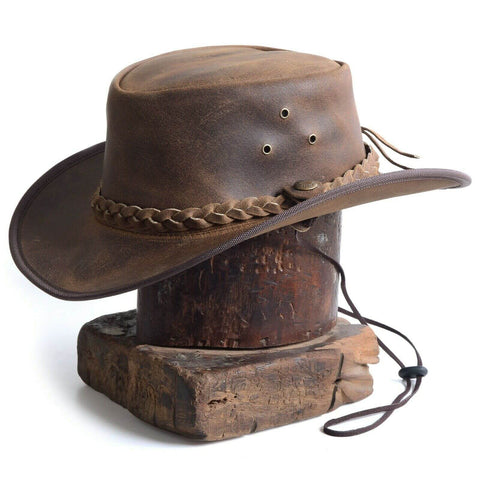 Leather Aussie style Cowboy  Outback Antique Hat in Vintage  Tan  Brown