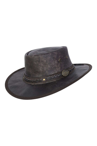 Real Distressed Leather Foldaway Crushable Australian-Style  Bush Hat Brown - Lesa Collection