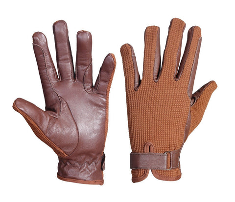 Light Brown Leather Palm Horse Riding and Driving Gloves with brown fabric - Lesa Collection
