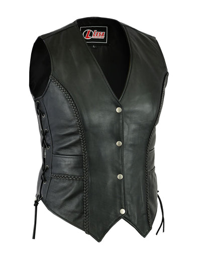 Ladies Real Leather Laced Up Motorcycle Biker Waistcoat Womens Gillette Vest - Lesa Collection