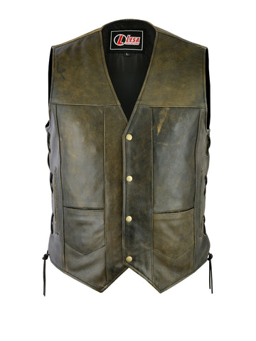 Mens Motorcycle 10 Pocket Distressed Brown Leather Vest Side Laces - Lesa Collection