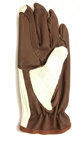 Light Brown Leather Palm Horse Riding and Driving Gloves with White Fabric - Lesa Collection