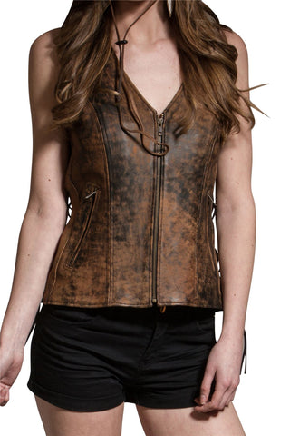 Women's Vintage Brown Dual Pocket Side Lace Real  Leather Zip Vest - Lesa Collection