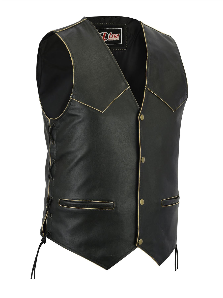 New Mens Leather Motorcycle Biker Vest Antique Side Laces Classic Styl ...