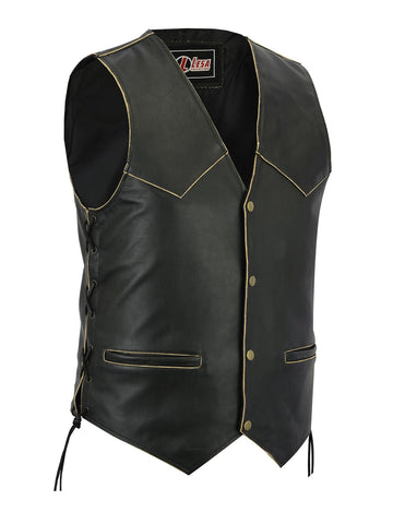 New Mens Leather Motorcycle Biker Vest Antique Side Laces Classic Style - Lesa Collection