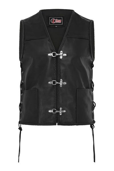 Mens Fish Hook Buckle Real Leather Waistcoat Biker Vest Braided With Sides Laces - Lesa Collection