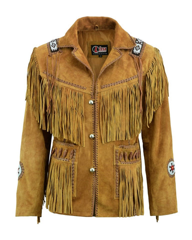 Mens Classic Western Brown Suede Leather With Beads Fringes Indians