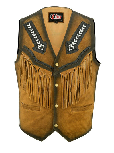 Men Tan Brown Suede Leather Western Cowboy Jacket With Fringe Native American