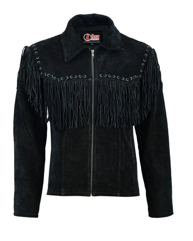 Mens Black Suede Cowboy Western Leather Jacket With Fringe - Lesa Collection