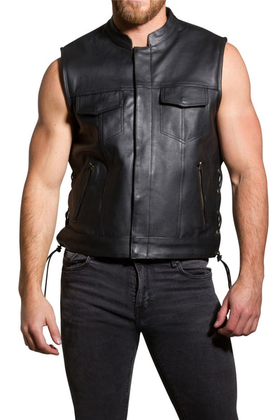 Mens Real Leather Motorbike Cut Off Biker SOA Style Laced Up and zip closer pocket - Lesa Collection