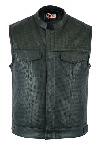Mens Real Leather Black SOA Cut Off Style Motorcycle Biker Vest Club Waistcoat - Lesa Collection