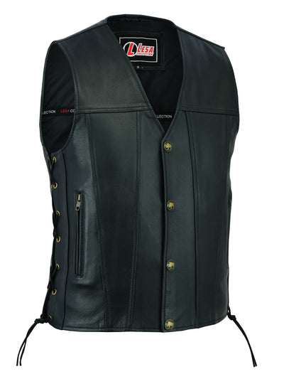 Mens Real Leather Biker Style Waistcoat Black Genuine Leather Motorcycle Vest - Lesa Collection