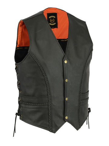 Braided Leather Motorcycle Biker Style Waistcoat Vest Black Side Laced - Lesa Collection