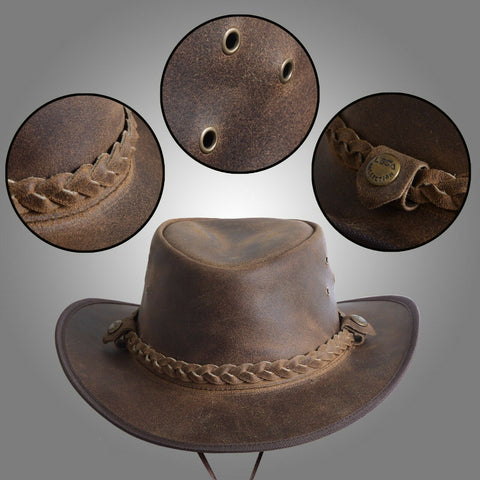 Leather Aussie style Cowboy  Outback Antique Hat in Vintage  Tan  Brown