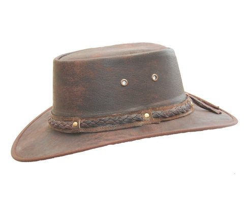 Real Distressed Leather Foldaway Crushable Australian-Style  Bush Hat Brown - Lesa Collection