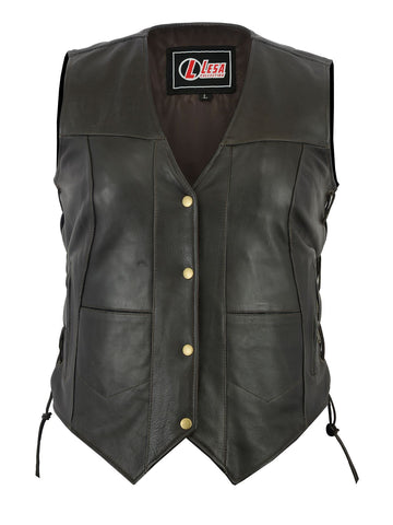 Women's  Brown  And Black Side Lace Leather 10 Pocket Vest - Lesa Collection