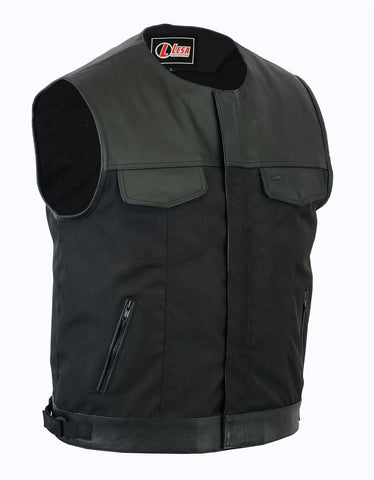 Collarless Cordura Fabric   Biker Waistcoat Black Real Leather Trim - Lesa Collection