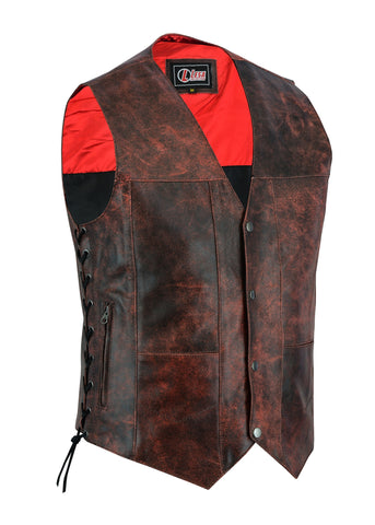 Mens Red Distressed Waistcoat Motorcycle Biker Style Gillette Vest -Top Quality - Lesa Collection