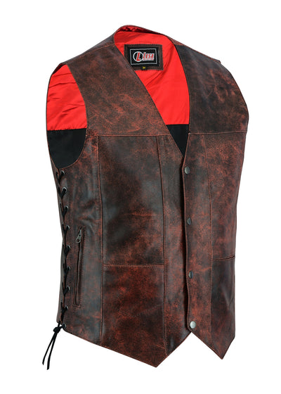 Mens Red Distressed Waistcoat Motorcycle Biker Style Gillette Vest-Top Quality - Lesa Collection