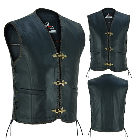 Men's Real Leather Waistcoat Biker Club Vest Braided Fish Hook Buckle Side Lace