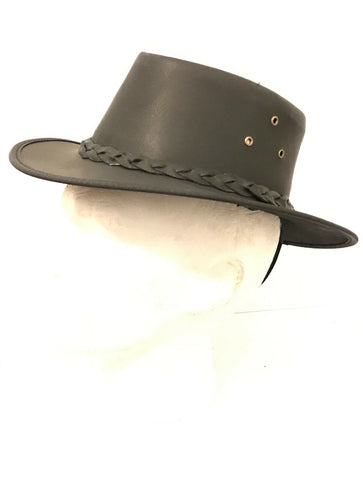 Kids Childrens Australian Aussie Black Leather Bush Hat Cowboy Hat One Size 55cm